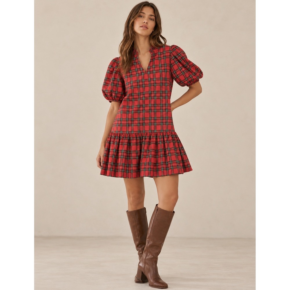 NWT Avara Dress Corinne Large Red Plaid Puff Sleeve Mini Tiered Academia Preppy